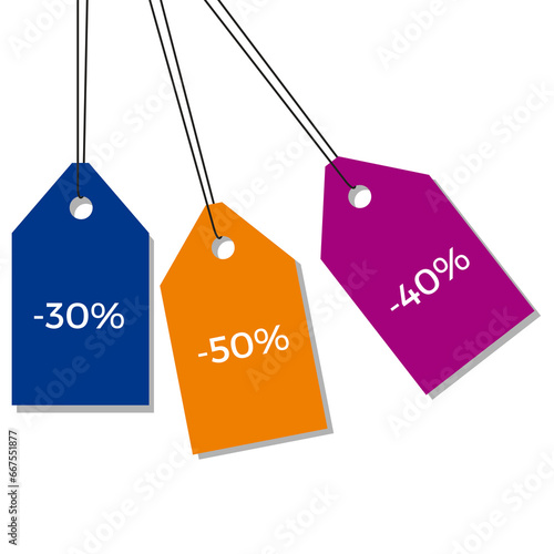 hanging discounts labels in blue, purple and orange