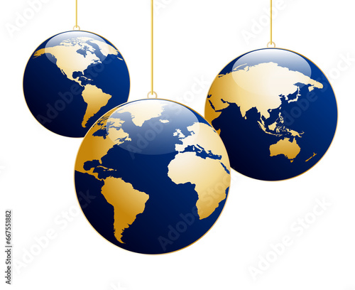 Isolated Christmas tree balls in the shape of planet earth