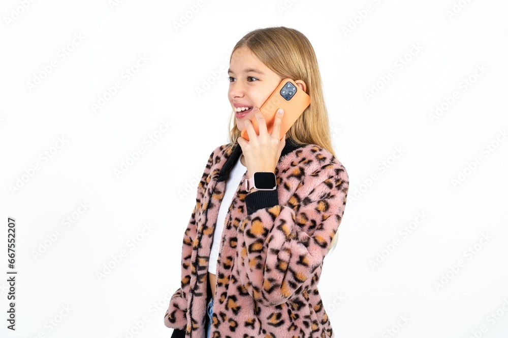 Happy joyful charming Beautifu blonde kid girl talk speak phone smile good mood Happy joyful charming Beautifu blonde kid girl talk speak phone smile good mood