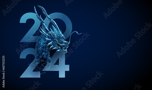 Abstract blue head of dragon and number 2024. Animal Chinese symbol of the year. Low poly style.
