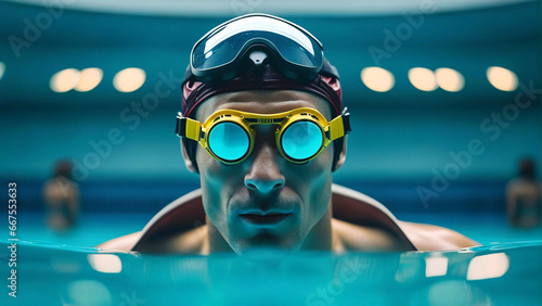 A man wearing goggles in swimming pool. photo