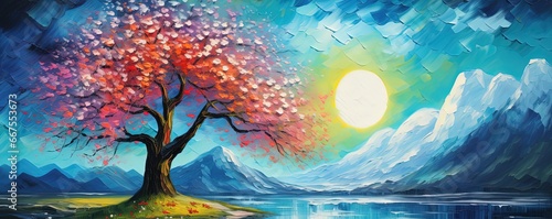 painting style illustration, full moon night shine over flower blossom tree with nature landscape, Generative Ai