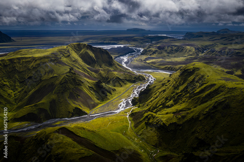 Aerial view of the valley of Kerlingardalsvegur, Southern Region Of Iceland. photo