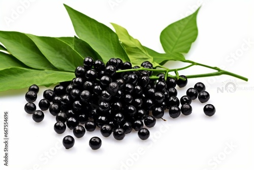Black peppercorns and leaves isolated on white background. Generative AI