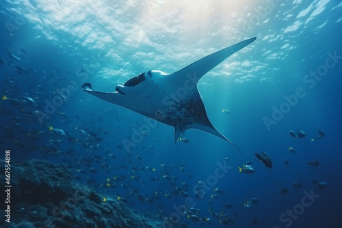 Manta ray glides in ocean. Snorkeling giant fish under blue ocean © PNG River Gfx