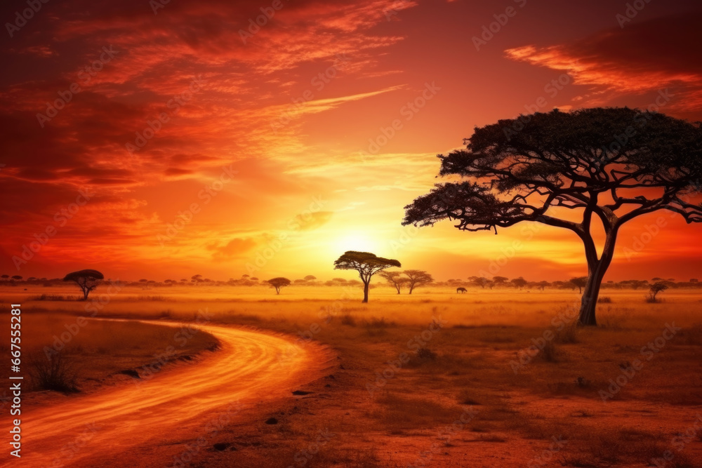 African safari sunset panoramic background
