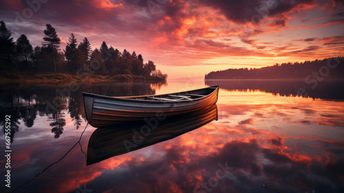 Dramatic sunset sky, with beautiful boat reflected on the evening lake horizon © senadesign