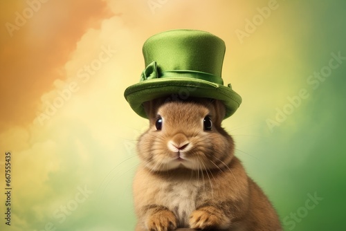 Adorable rabbit donning a green cap for St. Patrick's celebration. Generative AI.