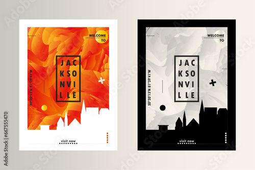 USA Jacksonville city poster pack with abstract skyline, cityscape, landmark and attraction. Florida travel vector illustration layout set for vertical brochure, website, flyer, presentation