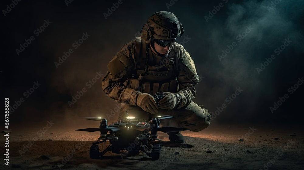 military man launches a drone - obrazy, fototapety, plakaty 