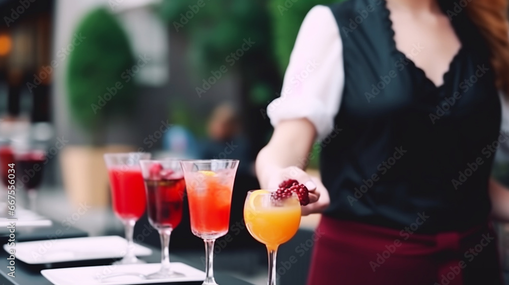 Young waitress with tray serving cocktail drinks