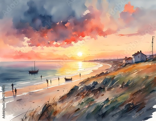 Watercolor painting of the coast of Bretany, France at Sunset photo