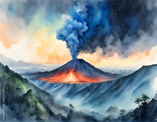 Watercolor painting of Kawah Ijen Volcano, East Java, Indonesia