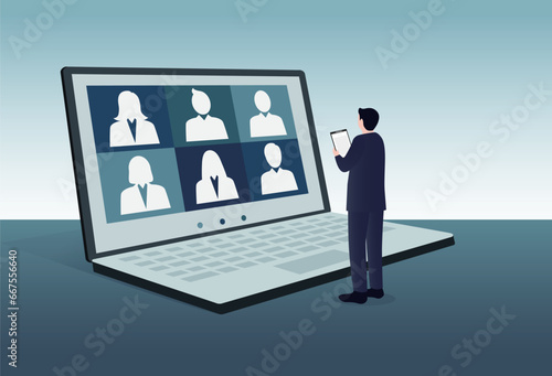 Conference meeting online concept. Live meeting on laptop. Video meeting online.Video conference landing. Live conferencing and online meeting workspace vector.