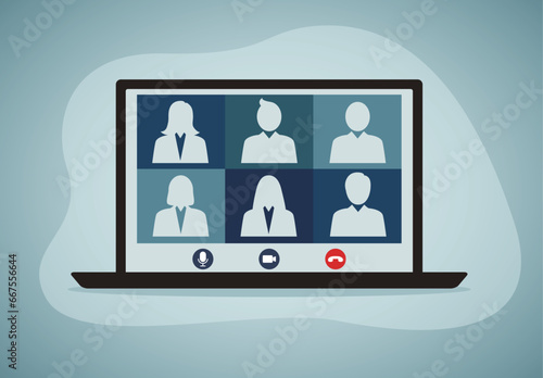 Conference meeting online concept. Live meeting on laptop. Video meeting online.Video conference landing. Live conferencing and online meeting workspace vector.