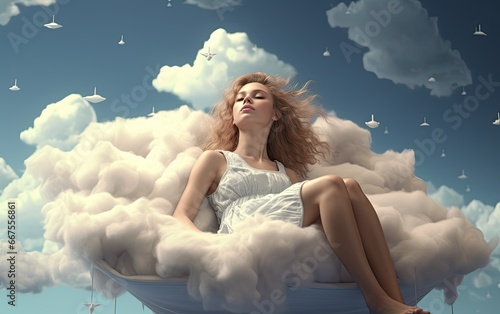 girl with closed eyes sitting on a cloud