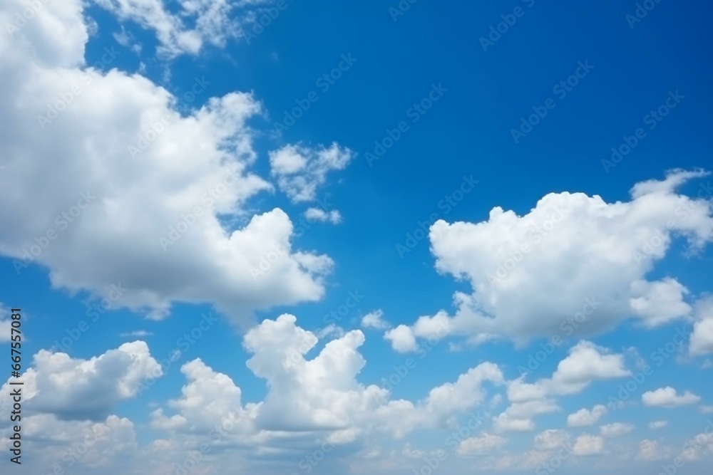 Background with blue sky and soft focus white clouds, along with space for text or content. Generative AI