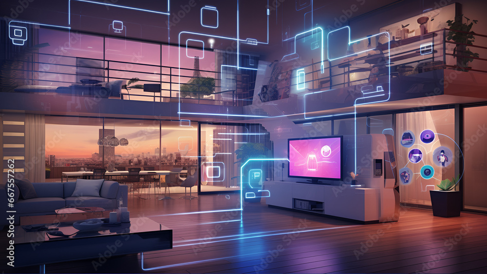 Concept Interior illustration of smart home with artificial intelligence concept. Future of home living, Generative AI Concept Interior illustration of smart home with artificial intelligence concept. Future of home living, Generative AI