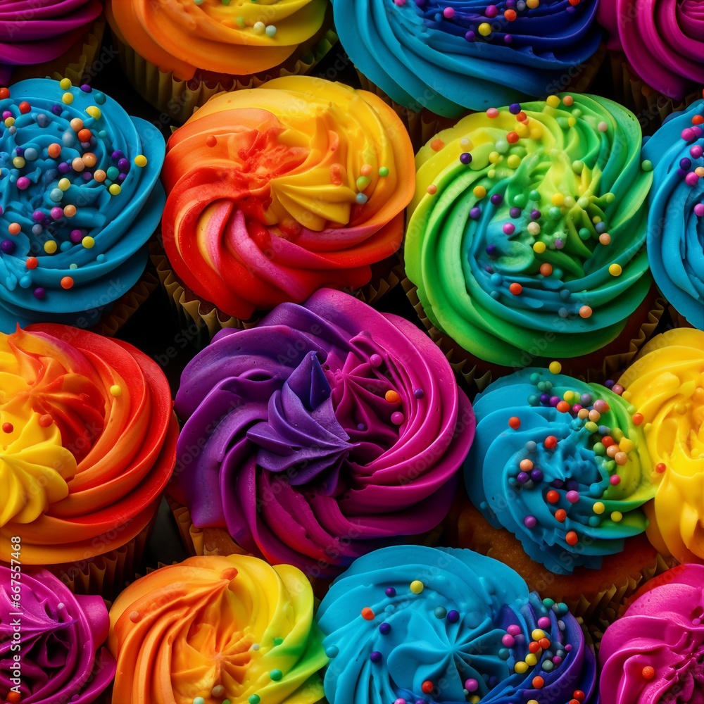 Close-up image of rainbow Cupcakes. seamless picture