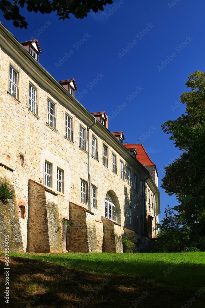 View on the castle walls of Wanzleben, Germany seen from the park