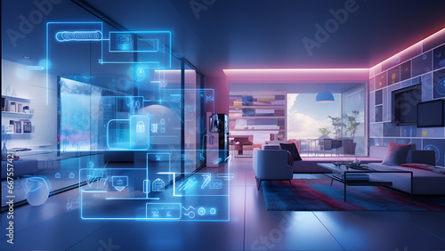 Concept Interior illustration of smart home with artificial intelligence concept. Future of home living, Generative AI	