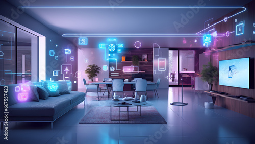Concept Interior illustration of smart home with artificial intelligence concept. Future of home living, Generative AI 