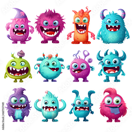 cute monsters in catalog style, 2d vector, digital art, on a transparent background