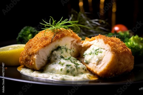 delicious baked chicken kiev with a fluffy crust of butter and herbs. Generative AI photo