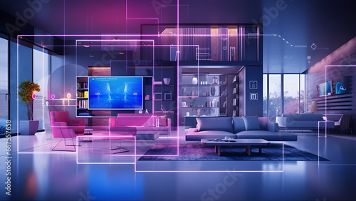 Concept Interior illustration of smart home with artificial intelligence concept. Future of home living, Generative AI 