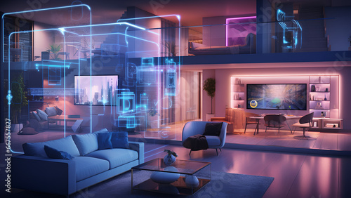 Concept Interior illustration of smart home with artificial intelligence concept. Future of home living, Generative AI	