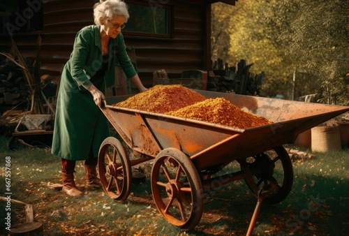 old woman cleaning the house garden photo