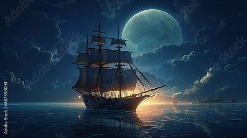 A Moonlit Pirate's Voyage Sails on a Stunning Ocean Night