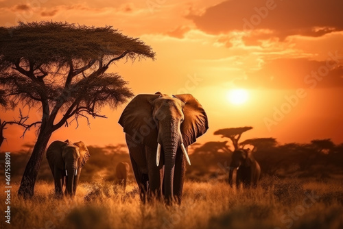 African safari sunset panoramic background with silhouette of the animals © pilipphoto