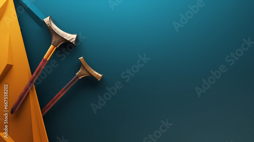 Pickaxe hammer illustration on blue gold background with copy space. Hand percussion tool for master stonemasons, builders, sculptors for processing various types of stone.  photo