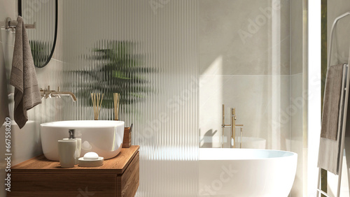 Luxury bathroom with bathtub, reeded glass partition, vanity counter, washbasin in sunlight from window on marble wall. Interior design decoration, toiletries product background 3D