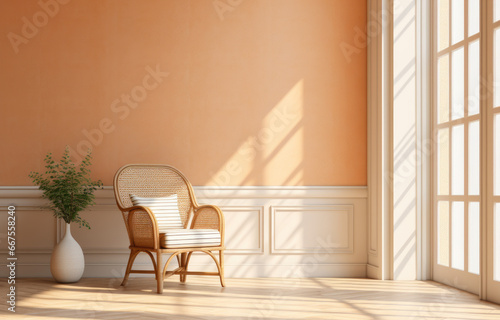 wicker chair in an empty room in front of windows