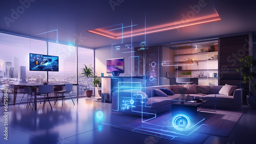 Concept Interior illustration of smart home with artificial intelligence concept. Future of home living  Generative AI 