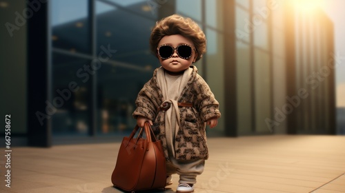 3D rendering of a cute chubby child model wearing sunglasses. fashion clothes holding a designer bag