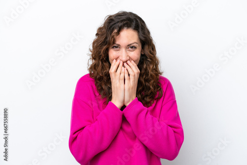 Young caucasian woman isolated on white background happy and smiling covering mouth with hands