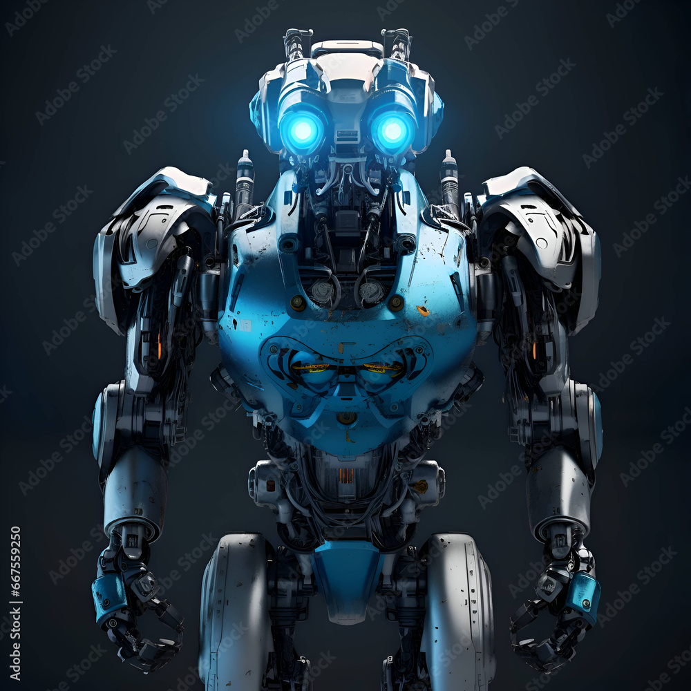 3D rendering of a robot with blue eyes isolated on black background