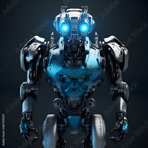 3D rendering of a robot with blue eyes isolated on black background © Wazir Design