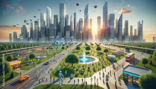 A landscape of the future: A city skyline with advanced architecture in the background, and in the foreground, a park where humans, robots, and hybrid entities coexist