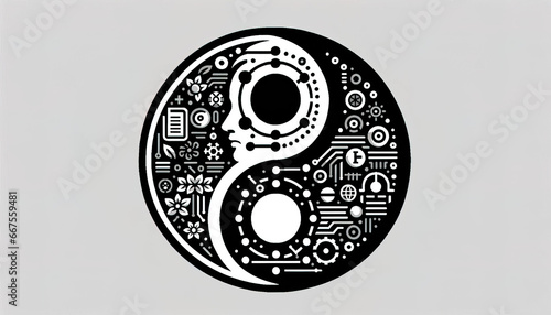 A stylized depiction of the classic Yin and Yang symbol. One side represents organic life with human features, while the other showcases mechanical and digital elements, encapsulating the harmony betw photo
