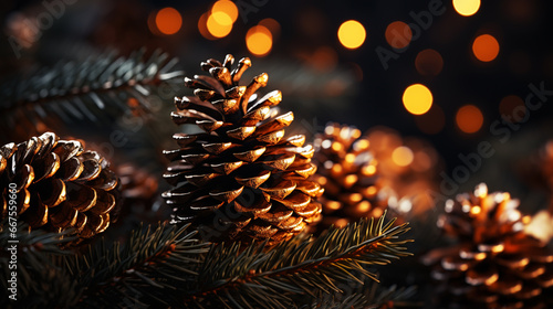 Fir Branch With Pine Cone And Snow Flakes - Christmas Holidays Background