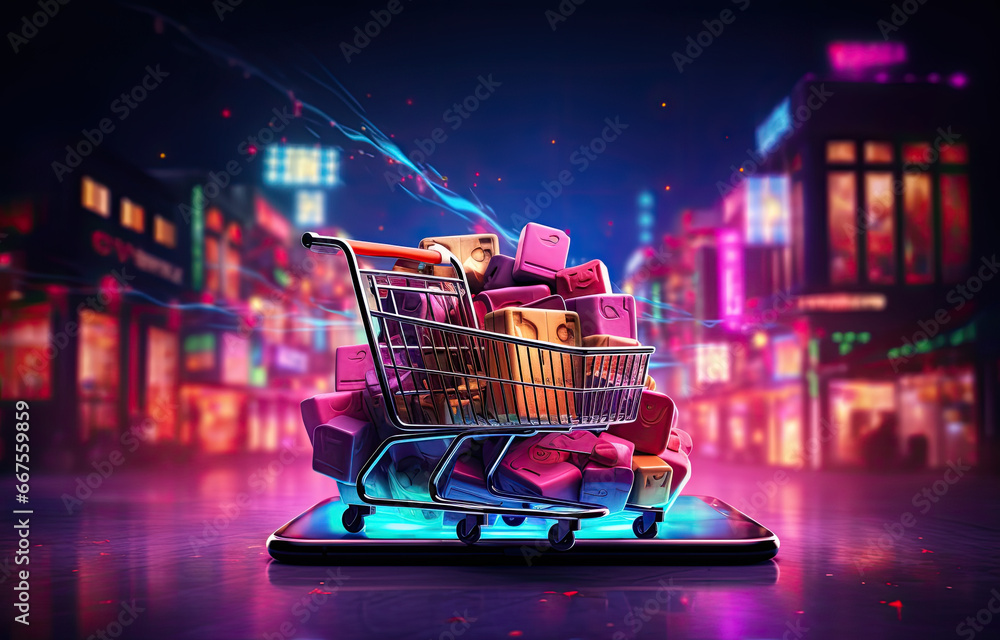 A shopping cart on a phone, illustration of online shopping