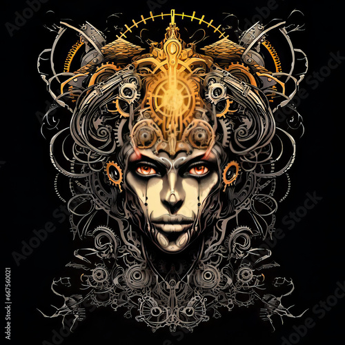 Steampunk T-Shirt Design. Generated Image. A digital illustration of a macabre steampunk design for a t-shirt.