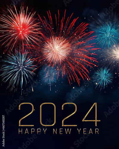 Happy New Year 2024 Poster Template with Colorful Fireworks Background. 