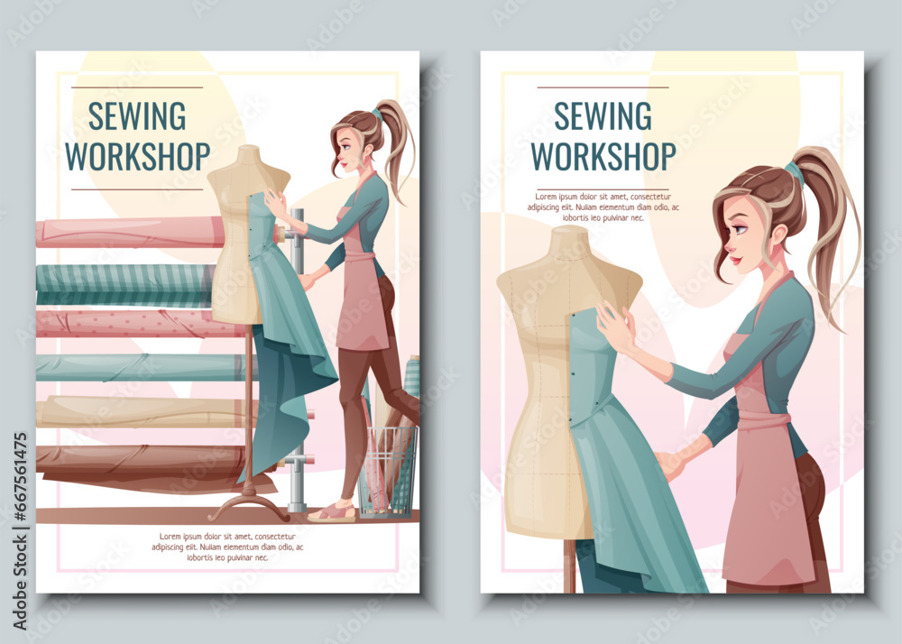 Set of Flyer design with seamstress. Banner poster with a girl creating clothes on a mannequin. Work in a sewing workshop, atelier, tailoring courses. - obrazy, fototapety, plakaty 
