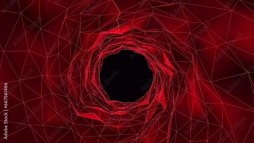 Abstract wireframe tunnel. Red wormhole. 3D portal grid. Futuristic fantasy triangle funnel. Abstract dynamic wormhole tunnel on black background. Deep wavy wormhole