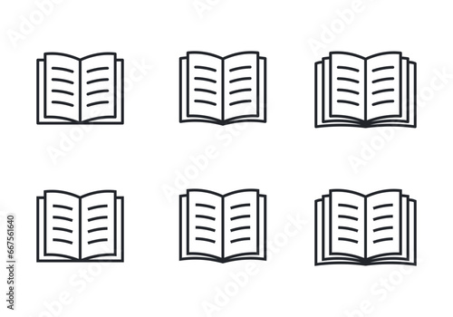 Linear open book with text on pages vector icon set. Copybook with two and three open page.